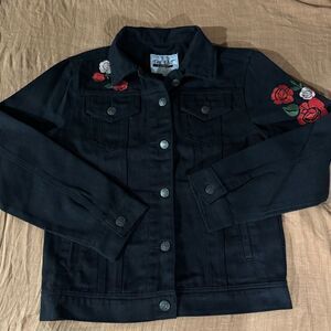 The Edit By Seventeen DENIM JACKET Women Size XS Black Rose Denim Coat